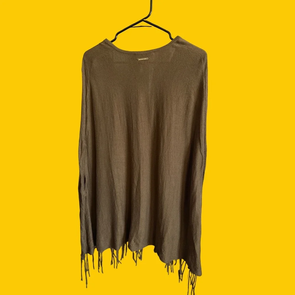 Michael Kors Olive Green V-Neck Fringe Knit Poncho Sweater PM/PL